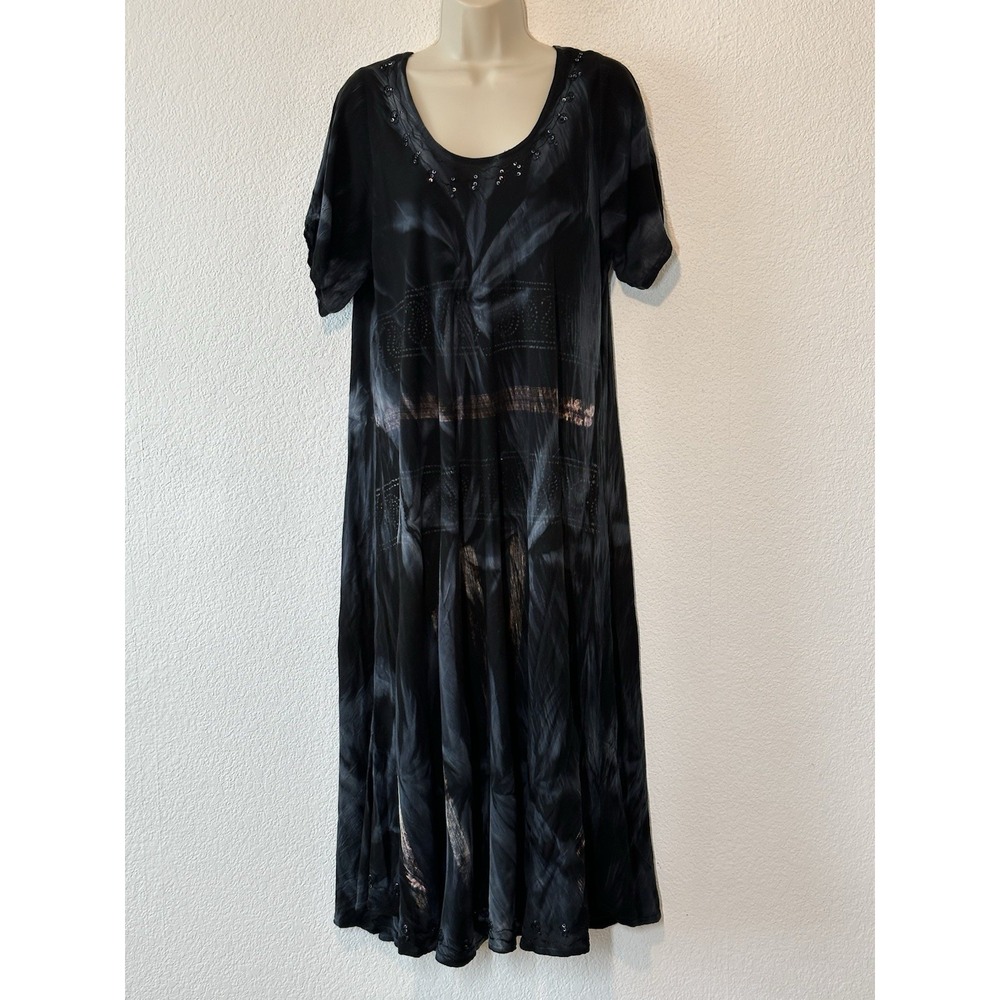 Greater Good‎ Women Maxi Dress Size OS Black Embelished Short Sleeve Lounge Boho